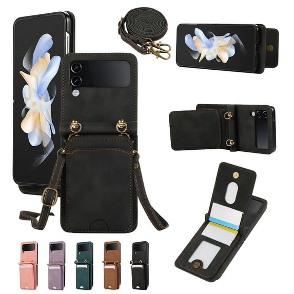 for Samsung Galaxy Z Flip 3 Wallet Case with Shoulder Lanyard Strap, Crossbody Phone Case with Card Holder Slots for Women Girls, Luxury PU Leather Flip Stand Purse Cover Shockproof Case, Black