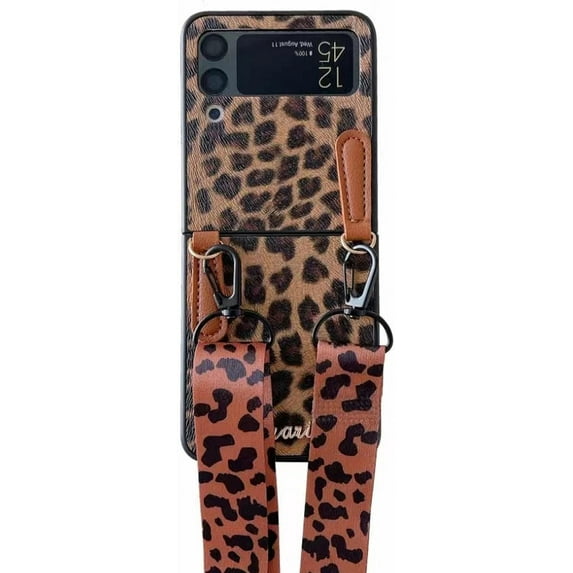 for Samsung Galaxy Z Flip 4 2022 Case,Cute Fashion Sexy Leopard Design with Lanyard Luxury Leather + Hard PC Bumper Ultra-Thin Flip Protector for Galaxy Z Flip 3 5G 2022 Women Girls