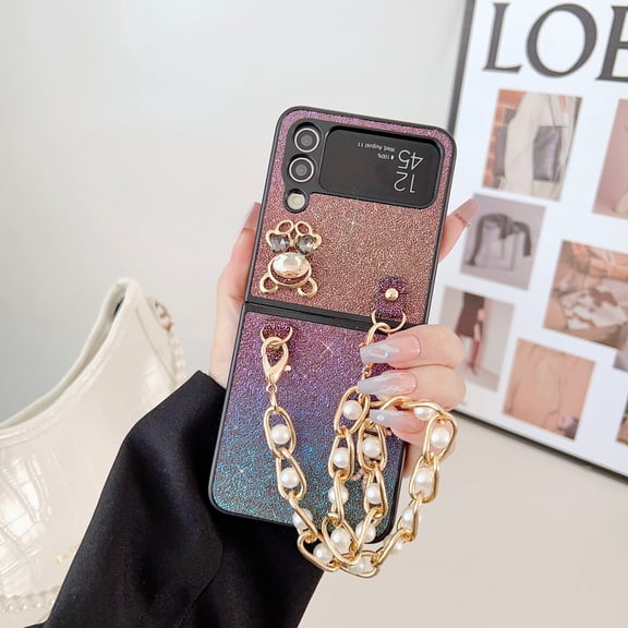 for Samsung Galaxy Z Flip 4 5G Bling Case with Hand Chain Wrist Strap Bracelet for Girls Women, Sparkle Rhinestone Pearl Crystal Glitter Diamond Shockproof Phone Cover for Galaxy Z Flip 4, Purple
