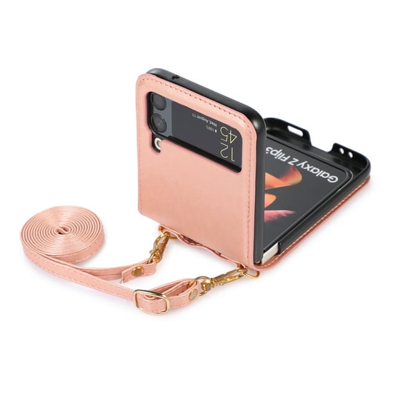 for Samsung Galaxy Z Flip 4 5G Case with Card Holder, Wristband & Shoulder Strap Drop Proof, Multifunctional Slim PU Leather Shockproof Protective Case Cover for Women Girls for Z Flip 4, Rosegold