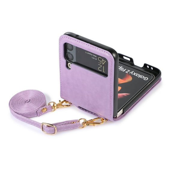 for Samsung Galaxy Z Flip 4 5G Case with Card Holder, Wristband & Shoulder Strap Drop Proof, Multifunctional Slim PU Leather Shockproof Protective Case Cover for Women Girls for Z Flip 4, Purple