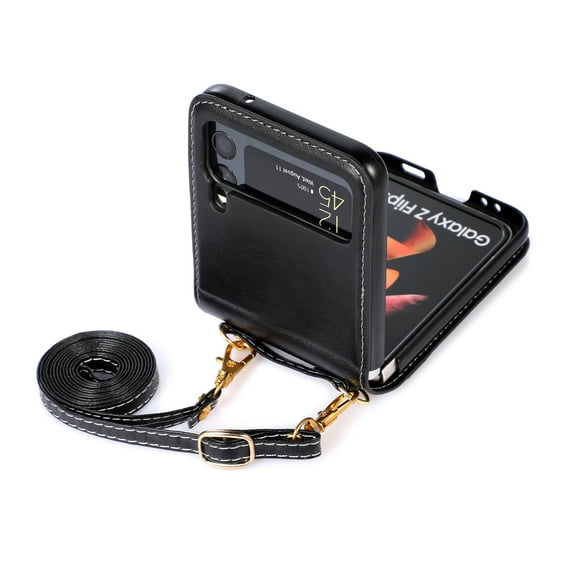 for Samsung Galaxy Z Flip 4 5G Case with Card Holder, Wristband & Shoulder Strap Drop Proof, Multifunctional Slim PU Leather Shockproof Protective Case Cover for Women Girls for Z Flip 4, Black