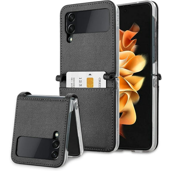 for Samsung Galaxy Z Flip 4 5G Case Card Slot Premium Leather Hard PC Anti-Scratch Anti-Drop Protective Slim Wallet Card Holder Cover for Women Girls Men-Black