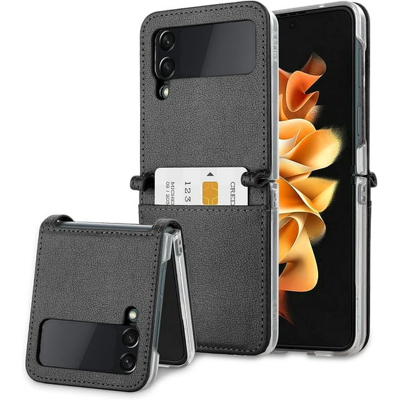 for Samsung Galaxy Z Flip 4 5G Case Card Slot Premium Leather Hard PC Anti-Scratch Anti-Drop Protective Slim Wallet Card Holder Cover for Women Girls Men-Black