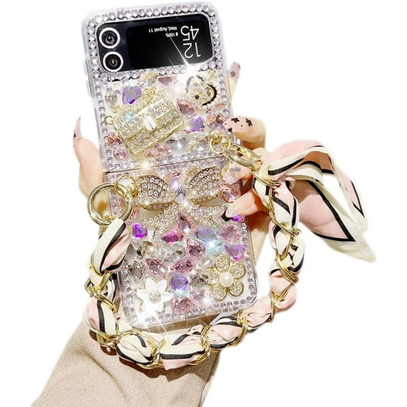 for Samsung Galaxy Z Flip 4 5G Case, Cute Luxury 3D Crystal Queen Rhinestone Full Diamond with Silk Scarf Wristband Chain Women Girls Case Cover for Galaxy Z Flip 4 5G (2022)