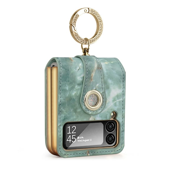 for Samsung Galaxy Z Flip 4 5G Case with Diamond Ring, Faux Leather Plating Frame Small Screen Protection Luxurious Handstrap Kickstand Beauty Shock Resistant Scratch Proof Hard Case,Blue