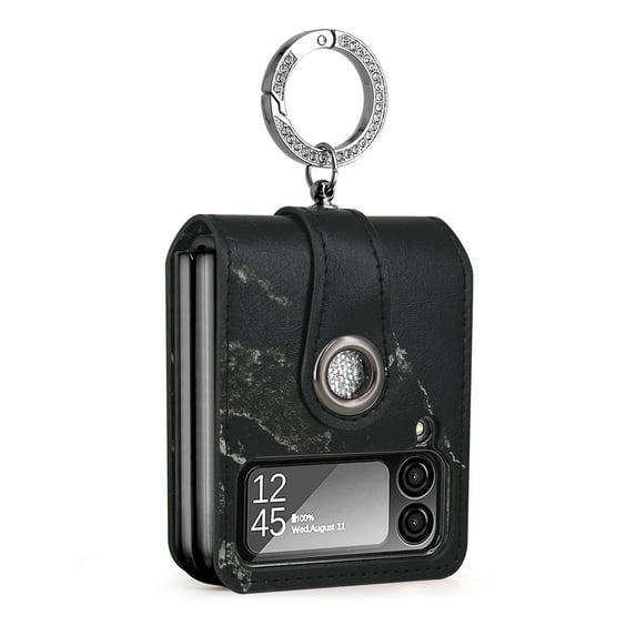 for Samsung Galaxy Z Flip 4 5G Case with Ring, Faux Leather Plating Frame Small Screen Protection Luxurious Beauty Shock Resistant Scratch Proof Hard Case for Samsung Galaxy Z Flip 4,Black