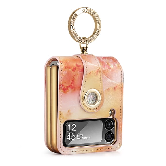 for Samsung Galaxy Z Flip 4 5G Case with Ring, Faux Leather Plating Frame Small Screen Protection Luxurious Beauty Shock Resistant Scratch Proof Hard Case for Samsung Galaxy Z Flip 4,Pink
