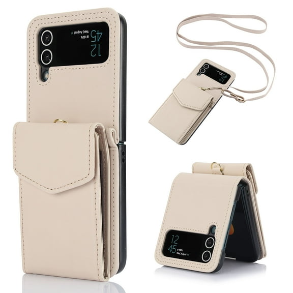 for Samsung Galaxy Z Flip 4 5G Crossbody Strap Case, Retro PU Leather RFID Blocking Flip Case Cover with Magnetic Closure Card Slots for Men Women for Samsung Galaxy Z Flip 4 5G, Apricot
