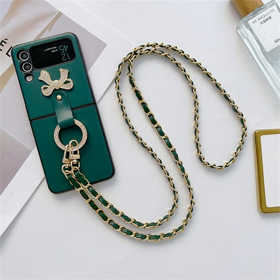 for Samsung Galaxy Z Flip 4 5G Ring Holder Case with Crossbody Lanyard Luxury 3D Sparkle Crystal Diamond Bling Glitter Cute Slim Leather Phone Case for Galaxy Z Flip 4 Women Girls, Darkgreen