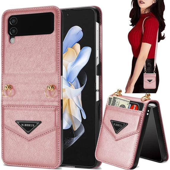 for Samsung Galaxy Z Flip 4 5G Women Wallet Case with Card Holder, Premium PU Leather Detachable Adjustable Cross-Body Strap Phone Case Cover for Samsung Galaxy Z Flip 4 CT Rose Gold