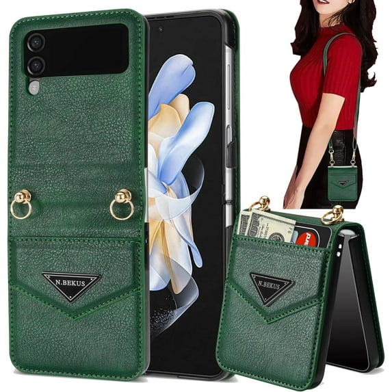 for Samsung Galaxy Z Flip 4 5G Women Wallet Case with Card Holder, Premium PU Leather Detachable Adjustable Cross-Body Strap Phone Case Cover for Samsung Galaxy Z Flip 4 CT Green
