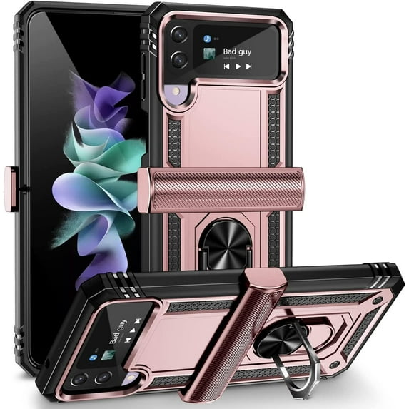 for Samsung Galaxy Z Flip 4 Case, Galaxy Z Flip 3 Case with Hinge Protection and 360°Rotate Ring Magnetic Kickstand Heavy Duty Protective Case for Samsung Galaxy Z Flip 3/4 Phone (Rose Gold)