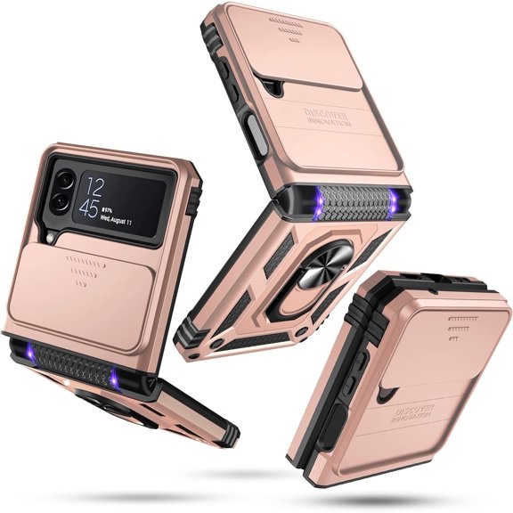for Samsung Galaxy Z Flip 4 Case Built in Slide Camera Lens Cover+Hinge Protection+Finger Ring Kickstand,Heavy Duty Shockproof Full Body Protective Phone Cover,2022 Rose Gold