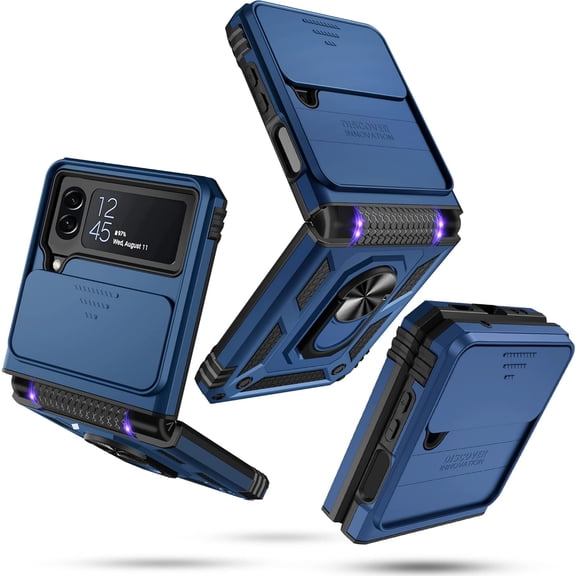 Samsung Galaxy Z Flip 4 Case Built in Slide Camera Lens Cover+Hinge Protection+Finger Ring Stable Kickstand, Heavy Duty Shockproof Full Body Protective Phone Cover,2022 Blue
