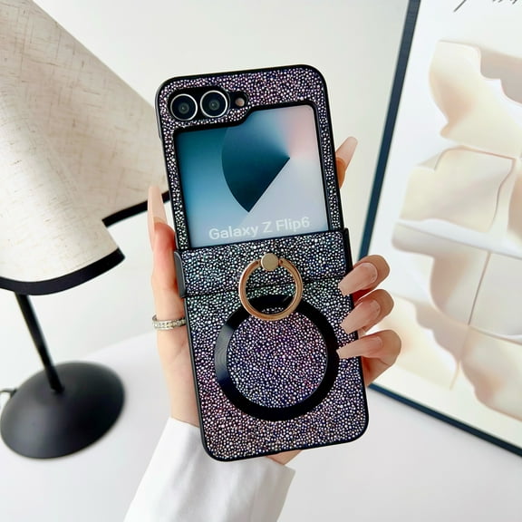 for Samsung Galaxy Z Flip 4 Case, Built-in Kickstand & Hinge Protection Phone Case, Support Wireless Charging, Rhinestone Secure Ring Grip Scratch Resistant Shockproof Protective Cover, Black