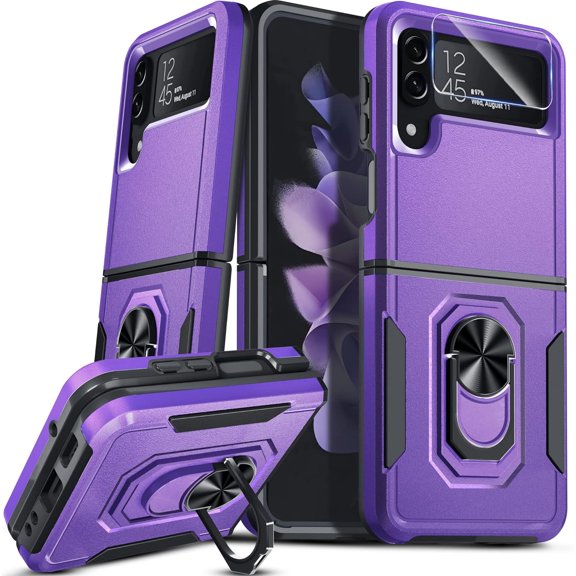 for Samsung Galaxy Z Flip 4 Case with Camera Lens Protector, Heavy Duty Shockproof Full Body Protective Phone Cover,Built in Rotatable Magnetic Ring Holder Kickstand,2022 Lavender