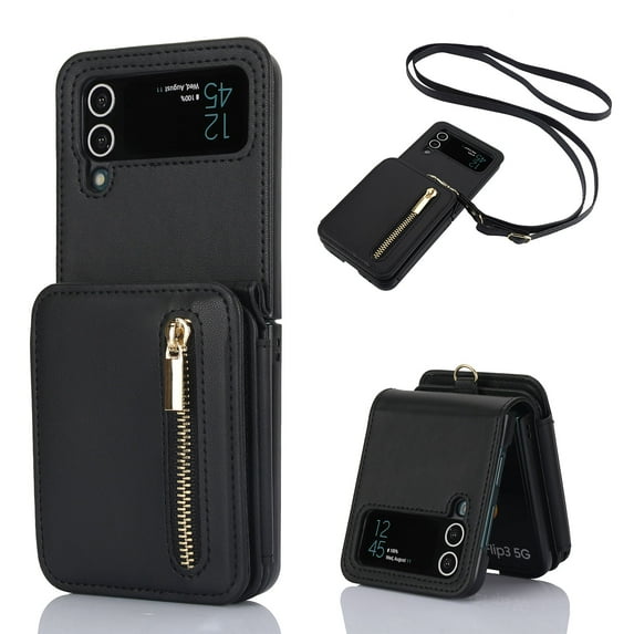 for Samsung Galaxy Z Flip 4 Case with Card Holder Crossbody Strap Card Slots Wallet Case with Adjustable Strap Soft PU Leather Protective Zipper Pocket Phone Case for Women Girls, Black