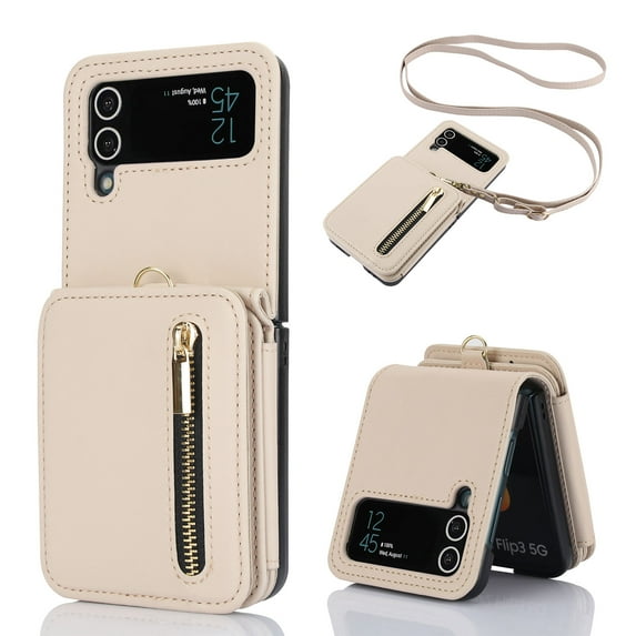 for Samsung Galaxy Z Flip 4 Case with Card Holder Crossbody Strap Card Slots Wallet Case with Adjustable Strap Soft PU Leather Protective Zipper Pocket Phone Case for Women Girls, Apricot