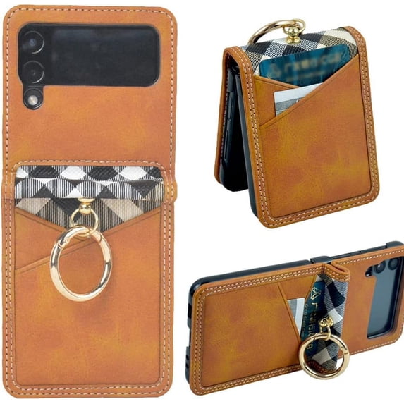 for Samsung Galaxy Z Flip 4 Case with Card Holder & Ring, Premium PU Leather Back Cover Hard PC Bumper All-Round Protection Protective Phone Case for Z Flip 4 2022 - Brown