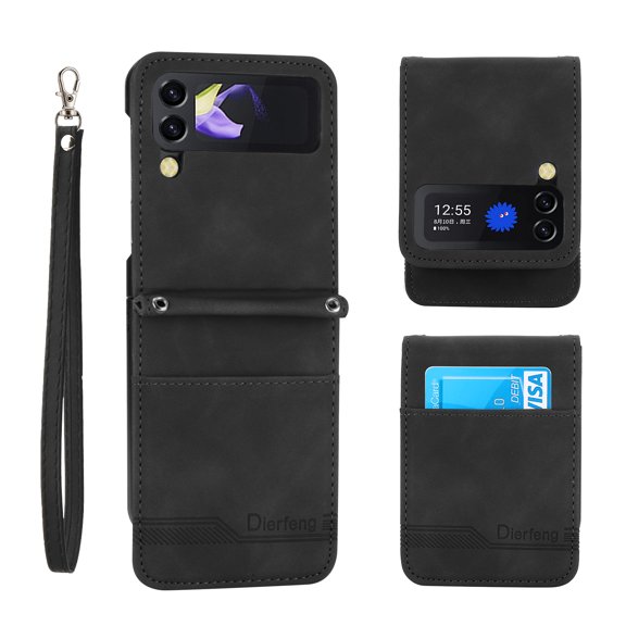 For Samsung Galaxy Z Flip 4 Case Card Holder,Women Man RFID Blocking PU Leather Flip Cover Wrist Strap Credit Card Holder Slots,Shockproof,Phone Case for Samsung Galaxy Z Flip 4,Black