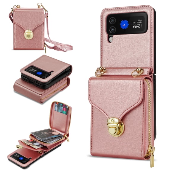 Samsung Galaxy Z Flip 4 Case with Card Holder for Women Phone Case Wallet with Strap Credit Card Slots Crossbody Strap with Kickstand Zipper Shockproof Case For Samsung Galaxy Z Flip 4,Rosegold
