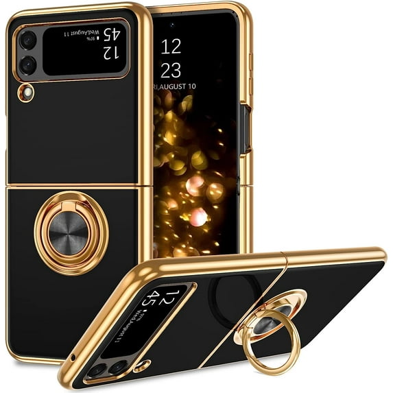 Samsung Galaxy Z Flip 4 Case, Galaxy Z Flip 4 Cover for Women Slim Lightweight Ring Holder Kickstand Magnetic Car Mount Supported Electroplated Samsung Galaxy Z Flip4 Case for Girls, Black