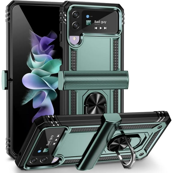 for Samsung Galaxy Z Flip 4 Case, Galaxy Z Flip 3 Case with Hinge Protection and 360°Rotate Ring Magnetic Kickstand Heavy Duty Protective Case for Samsung Galaxy Z Flip 3/4 Phone (MintGreen)