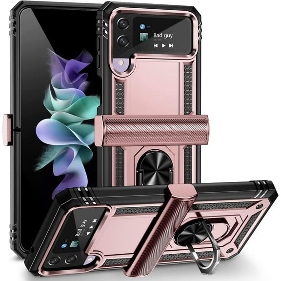 for Samsung Galaxy Z Flip 4 Case, Galaxy Z Flip 3 Case with Hinge Protection and 360°Rotate Ring Magnetic Kickstand Heavy Duty Protective Case for Samsung Galaxy Z Flip 3/4 Phone (Rose Gold)