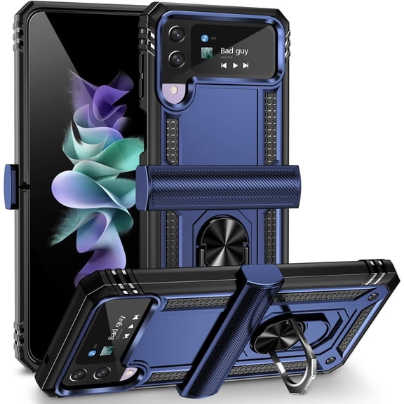 for Samsung Galaxy Z Flip 4 Case, Galaxy Z Flip 3 Case with Hinge Protection and 360°Rotate Ring Magnetic Kickstand Heavy Duty Protective Case for Samsung Galaxy Z Flip 3/4 Phone (Blue)