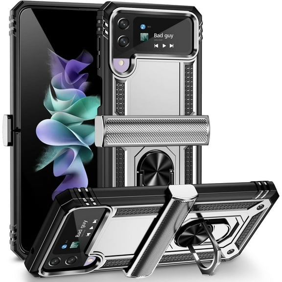 for Samsung Galaxy Z Flip 4 Case, Galaxy Z Flip 3 Case with Hinge Protection and 360°Rotate Ring Magnetic Kickstand Heavy Duty Protective Case for Samsung Galaxy Z Flip 3/4 Phone (Z_Silver)
