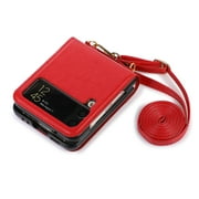Samsung Galaxy Z Flip 4 Case, Galaxy Z Flip 4 Wallet Case Cover, Dteck PU Leather Cards Slots Carrying Shoulder Strap Protective Wallet Case for Samsung Galaxy Z Flip 4 5G - Red