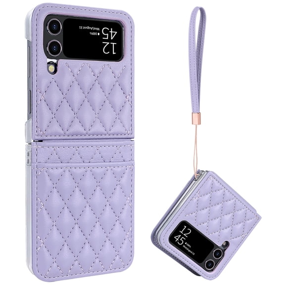 for Samsung Galaxy Z Flip 4 Case, Luxury PU Leather Wallet Protective Phone Case Card Holder Purse Phone Cover Case with Wrist Strap for Samsung Galaxy Z Flip 4 Shockproof Case, Purple