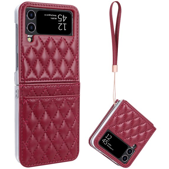 for Samsung Galaxy Z Flip 4 Case, Luxury PU Leather Wallet Protective Phone Case Card Holder Purse Phone Cover Case with Wrist Strap for Samsung Galaxy Z Flip 4 Shockproof Case, Red