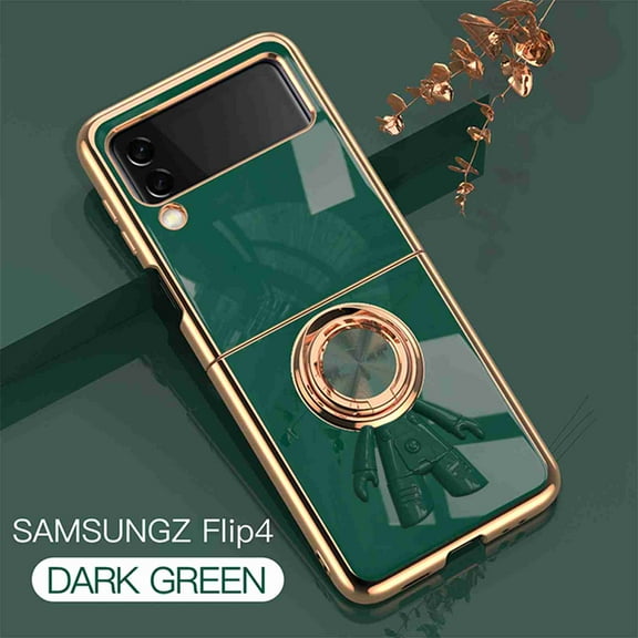 Samsung Galaxy Z Flip 4 Case, Luxury Plating Phone Case with Ring Holder Stand,Support Magnetic Car Mount, Slim Fit Protective Cover  Galaxy Z Flip 4 5G,Darkgreen