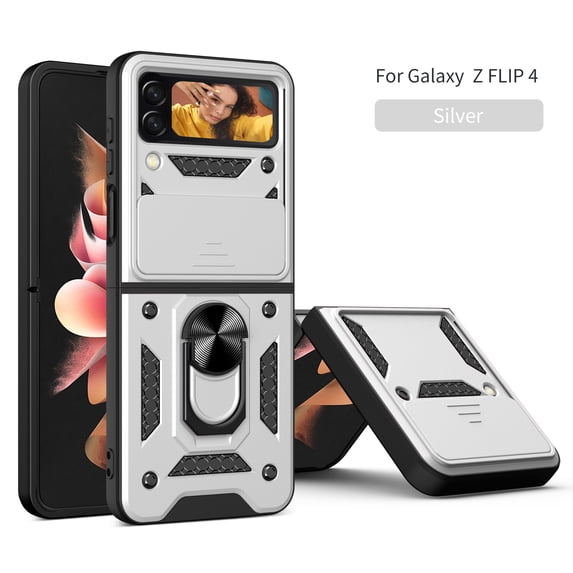 for Samsung Galaxy Z Flip 4 Case, with Ring Kickstand and Camera Protection,Heavy Duty Protective Shockproof Protective Rubber PC Phone Back Cover for Samsung Galaxy Z Flip 4 5G 2022, Silver