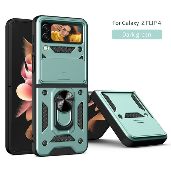 for Samsung Galaxy Z Flip 4 Case, with Ring Kickstand and Camera Protection,Heavy Duty Protective Shockproof Protective Rubber PC Phone Back Cover for Samsung Galaxy Z Flip 4 5G 2022, Green