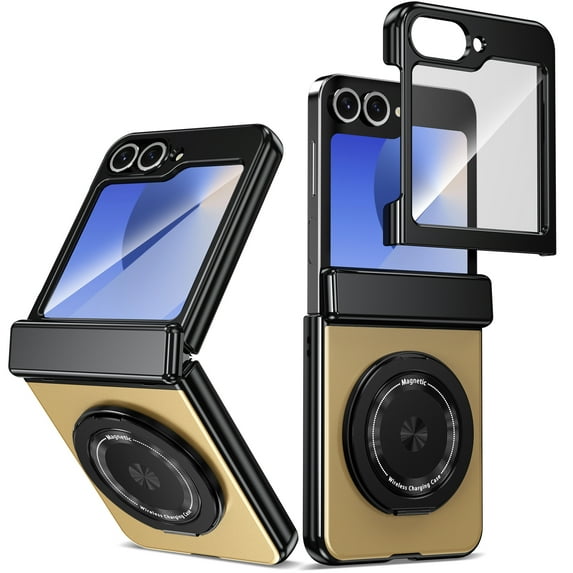 For Samsung Galaxy Z Flip 4 Case with Screen Protector, Ring Holder Kickstand Shockproof Rugged Full Body Protective Anti-Scratch Phone Case for Samsung Galaxy Z Flip 4, Gold