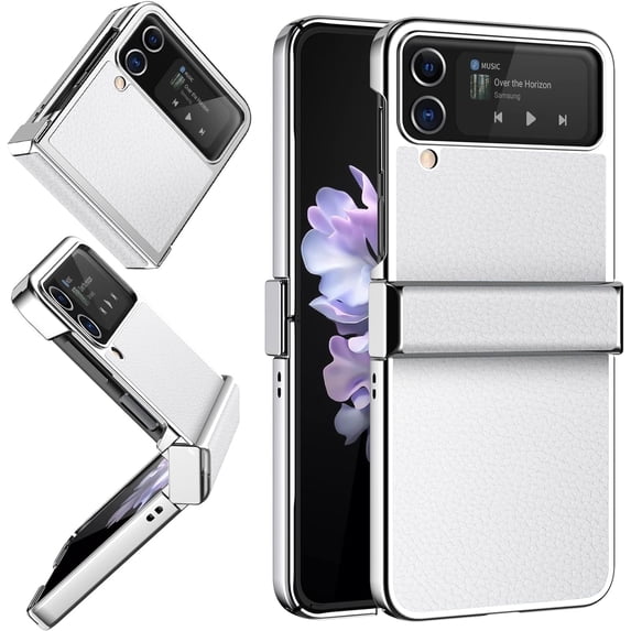 for Samsung Galaxy Z Flip 4 Case,Slim Thin Lightweight Non-Slip Leather Back Electroplated Frame Shockproof Protective Phone Case with Hinge Protection for Samsung Galaxy Z Flip 4 5G (White)