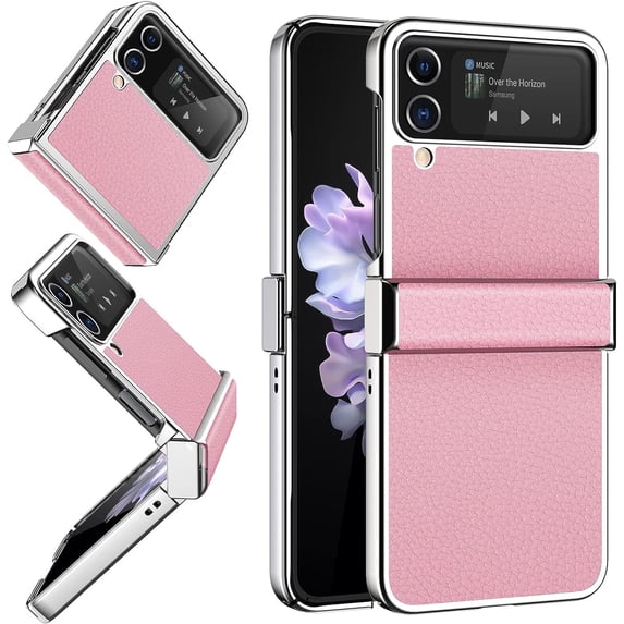 for Samsung Galaxy Z Flip 4 Case,Slim Thin Lightweight Non-Slip Leather Back Electroplated Frame Shockproof Protective Phone Case with Hinge Protection for Samsung Galaxy Z Flip 4 5G (Pink)