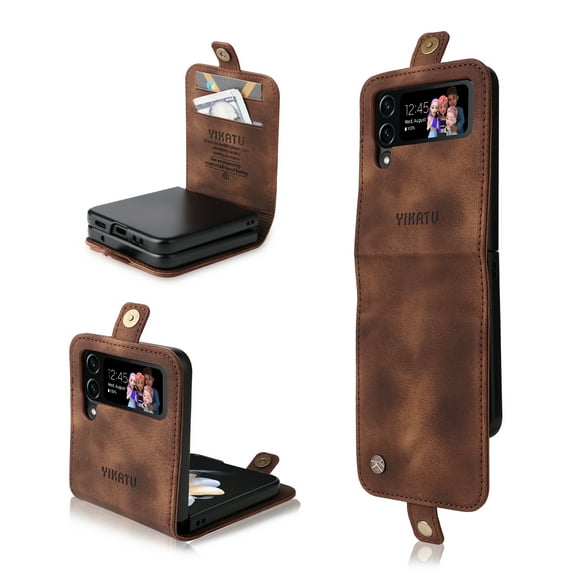for Samsung Galaxy Z Flip 4 Case Wallet Case with Card Holder, Matte Slim Fit Premium PU Leather + PC Drop Protective Flip Phone Case Cover for Samsung Galaxy Z Flip 4 5G 2022 - Brown
