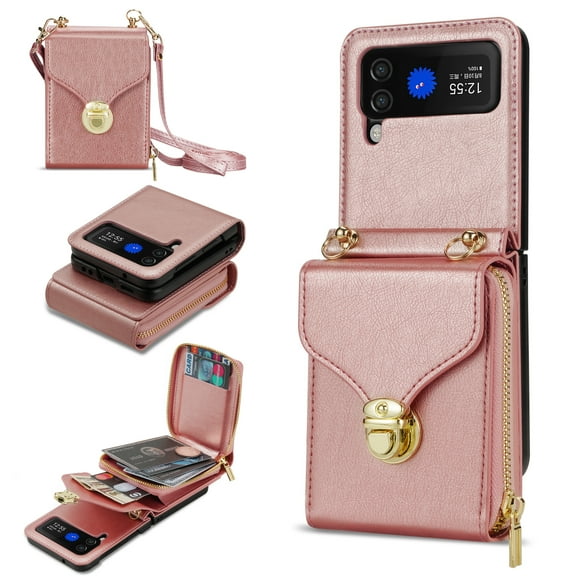 for Samsung Galaxy Z Flip 4 Case Wallet with Shoulder Strap for Women - Crossbody Lanyard,Zipper Pocket,Credit Card Holder,Shockproof - Metal Buckle Closure Premium PU Leather Case, Rosegold