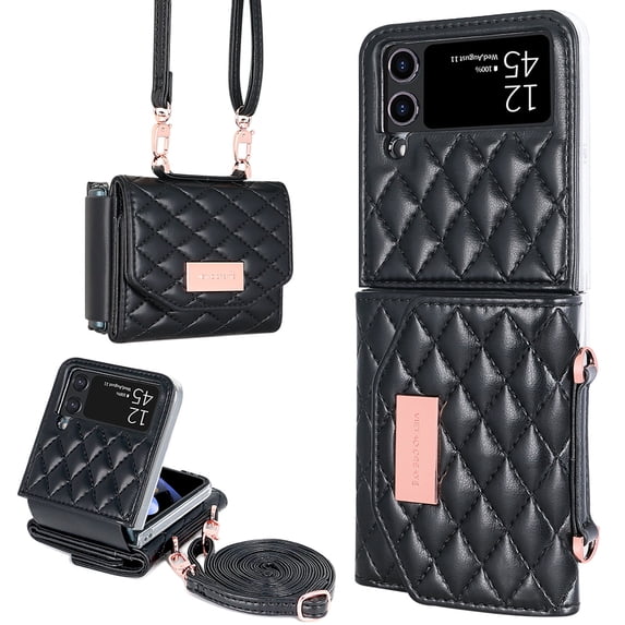 for Samsung Galaxy Z Flip 4 Crossbody Wallet Case, With Kickstand,Stylish Purse Flip PU Leather Handbag Case with Card Slots and Detachable Shoulder Strap for Samsung Galaxy Z Flip 4,Black