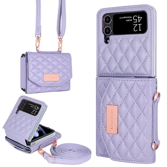 for Samsung Galaxy Z Flip 4 Crossbody Wallet Case, With Kickstand,Stylish Purse Flip PU Leather Handbag Case with Card Slots and Detachable Shoulder Strap for Samsung Galaxy Z Flip 4,Purple