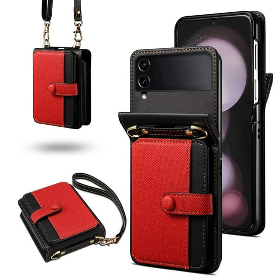 for Samsung Galaxy Z Flip 4 Crossbody Wallet Case, Stylish Purse Case with Card Holder and Shoulder Strap Color Combination Design Shockproof Anti-fall Phone Case Cover,Red