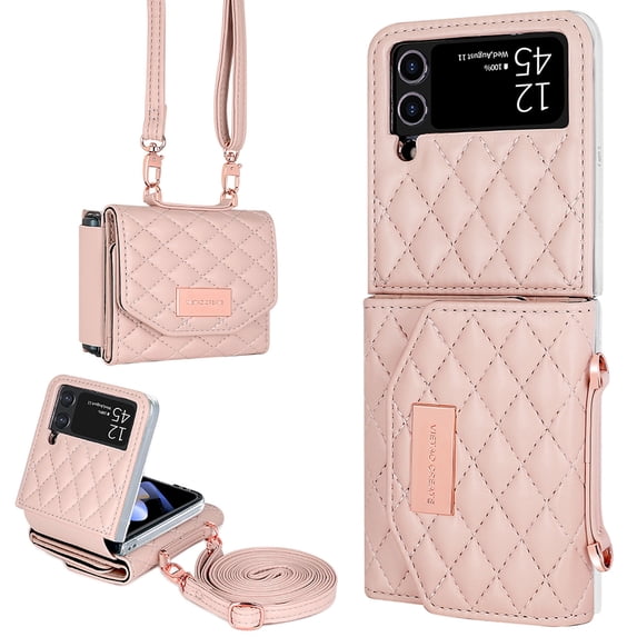 for Samsung Galaxy Z Flip 4 Crossbody Wallet Case, With Kickstand,Stylish Purse Flip PU Leather Handbag Case with Card Slots and Detachable Shoulder Strap for Samsung Galaxy Z Flip 4,Pink