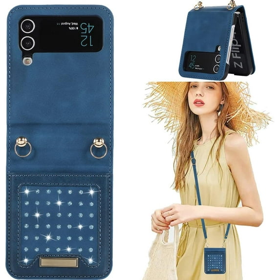 for Samsung Galaxy Z Flip 4 Crossbody Wallet Case for Women, Bling Glitter PU Leather Phone Case with Card Holder Cover for Samsung Galaxy Z Flip 4 SZ Blue