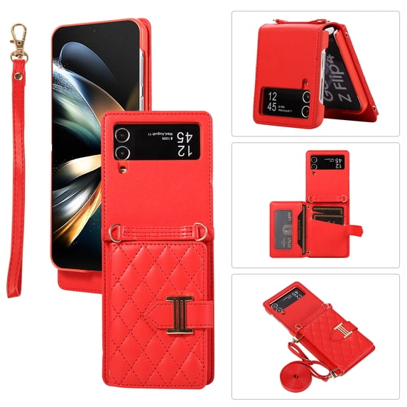 for Samsung Galaxy Z Flip 4 Detachable Shoulder Strap Wallet Case, with Card Slots & 360-degree Rotation Stand Ring Flip Premium PU Leather Protective Cover Lanyard for Women Girls, Red