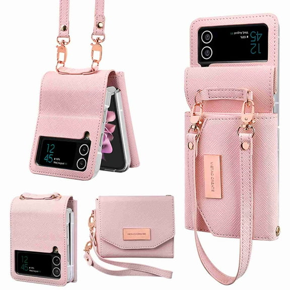 for Samsung Galaxy Z Flip 4 Flip Case with PU Leather Wallet, Crossbody Strap Card Slots Wallet Hinge Part Protected for Samsung Galaxy Z Flip 4 5G, Fashion Handbag Gift for Women Ladies, Pink