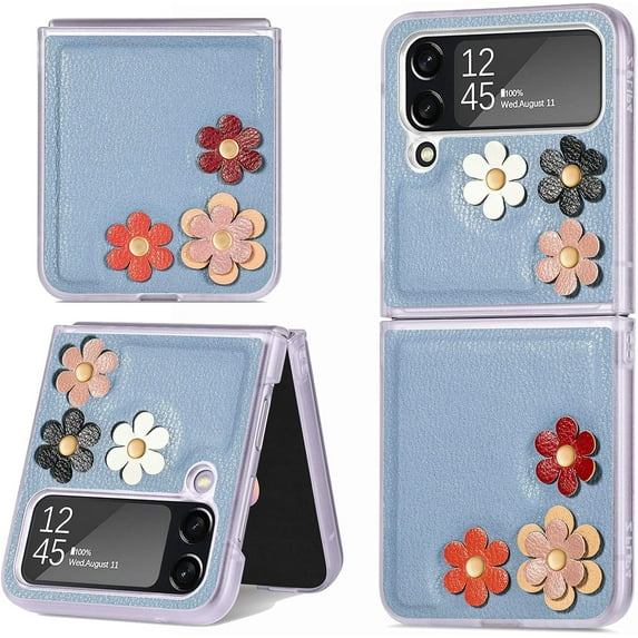 for Samsung Galaxy Z Flip 4 Flower Cute Case, Applique Design Slim Thin PU Leather & Crystal Hard PC Shockproof Protective Phone Cover Case for Samsung Z Flip 4 LTH Blue